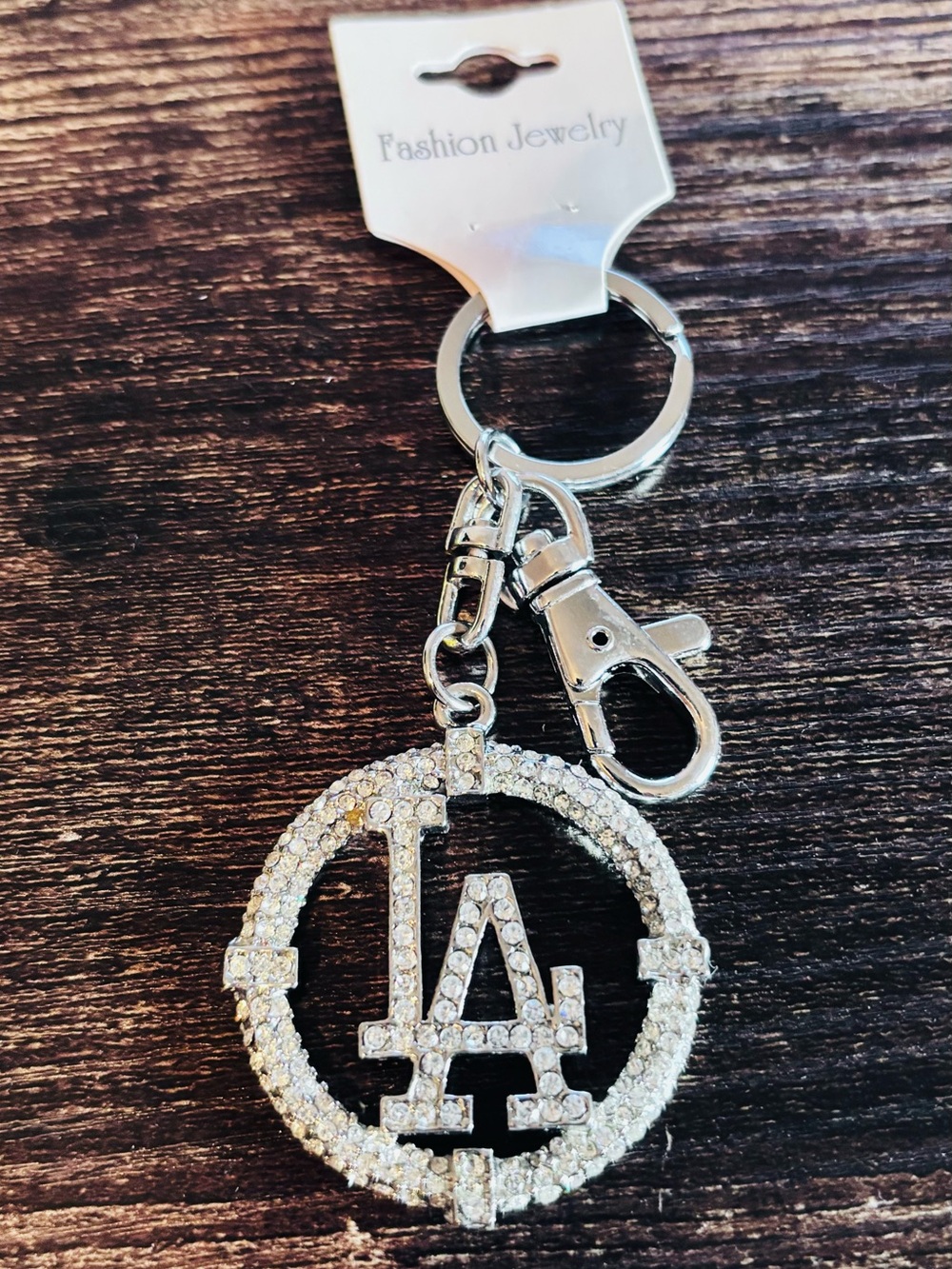 Silver Tone Rhinestone LA Circle Keychain - Picture 2 of 3